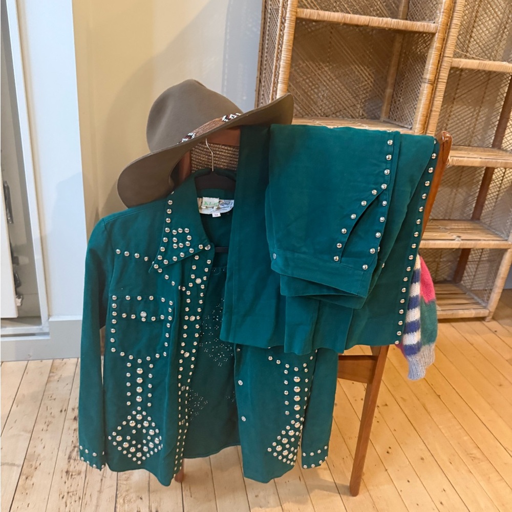 Vintage Teal Studded Western Shirt and Pants Set